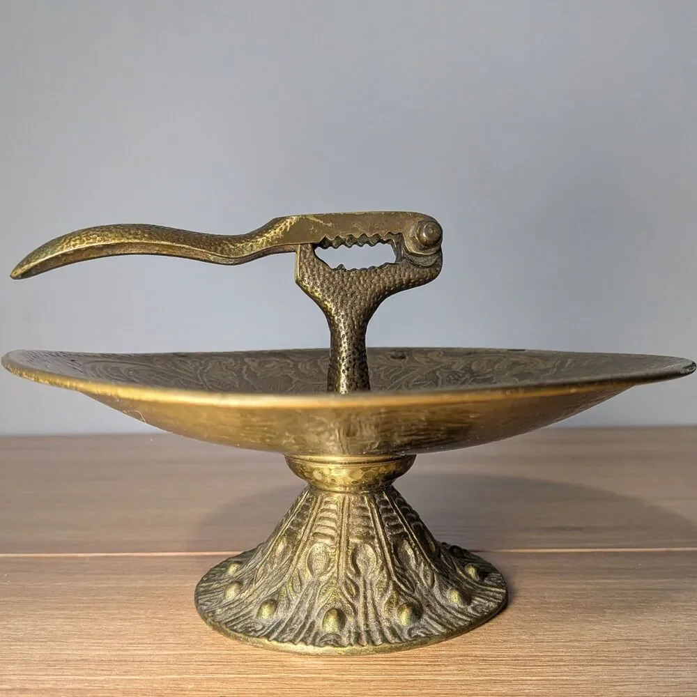 Vintage Brass Walnut Cracker & Bowl Made in Israel Flower & Animal Design